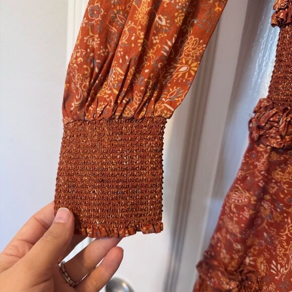 House of Harlow Wallis Rust Floral Print Tiered Ruffle Smocked Mini Dress M NWT - Picture 6 of 11